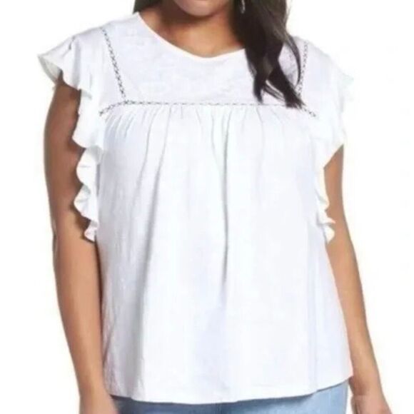 Caslon cotton embroidered flutter sleeve white top small - Picture 10 of 11